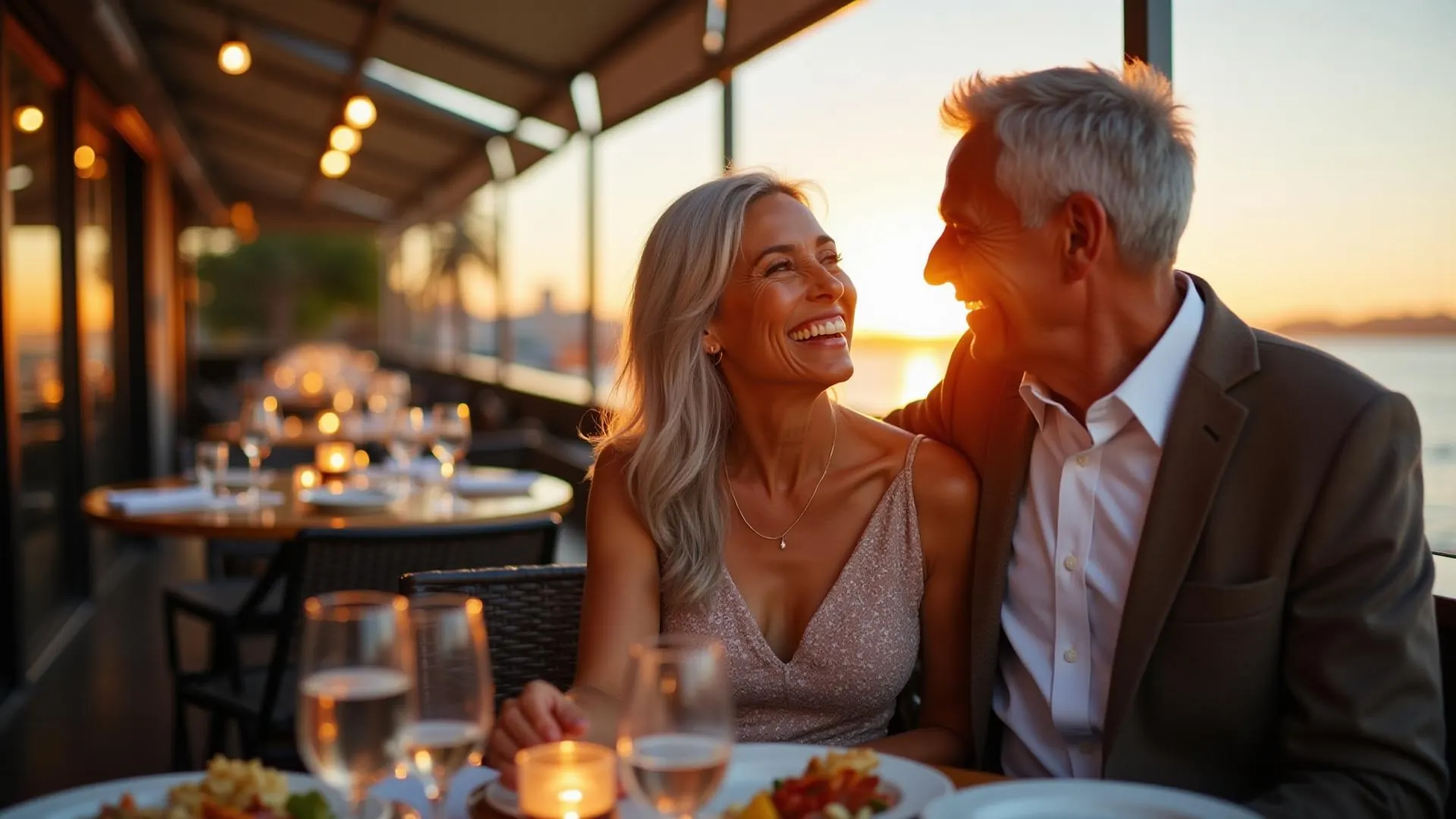 Authentic couple over 50 enjoying romantic dinner at San Francisco Bay Area waterfront